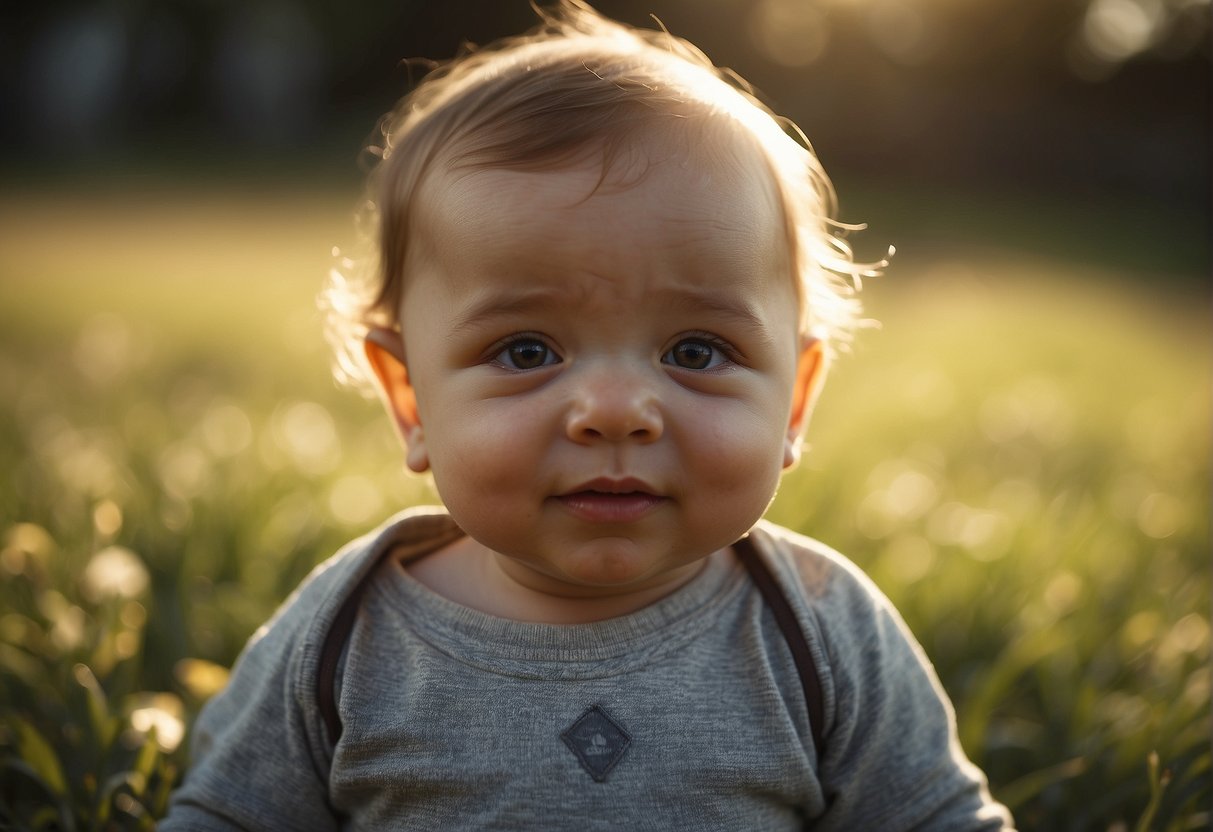 A baby squints and turns away from the bright sun, shielding their eyes with a small hand. The sun's rays create harsh shadows and highlights on the baby's face