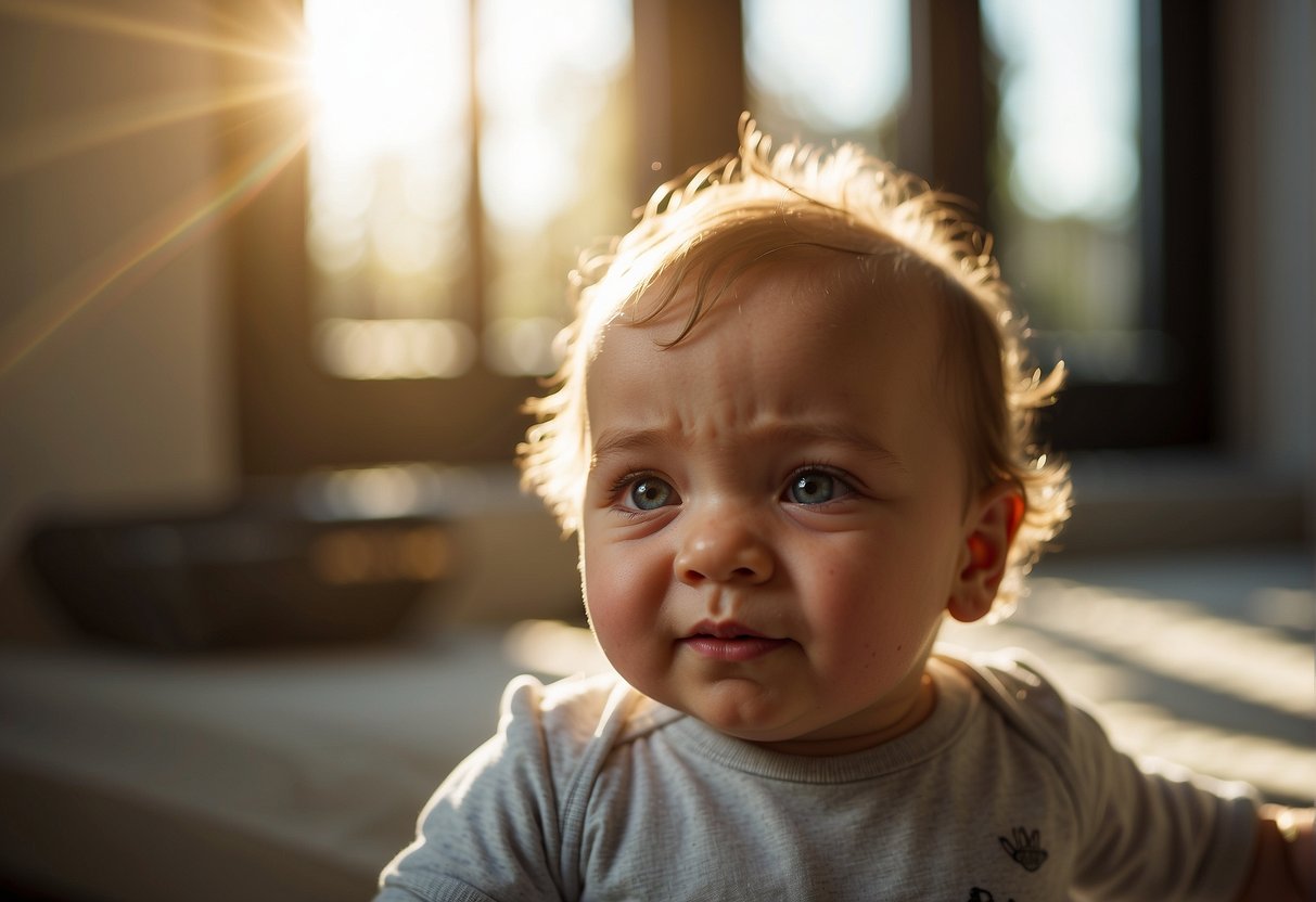 A baby's face scrunched up, eyes squinting, and arms flailing in response to the bright sunlight streaming through a window