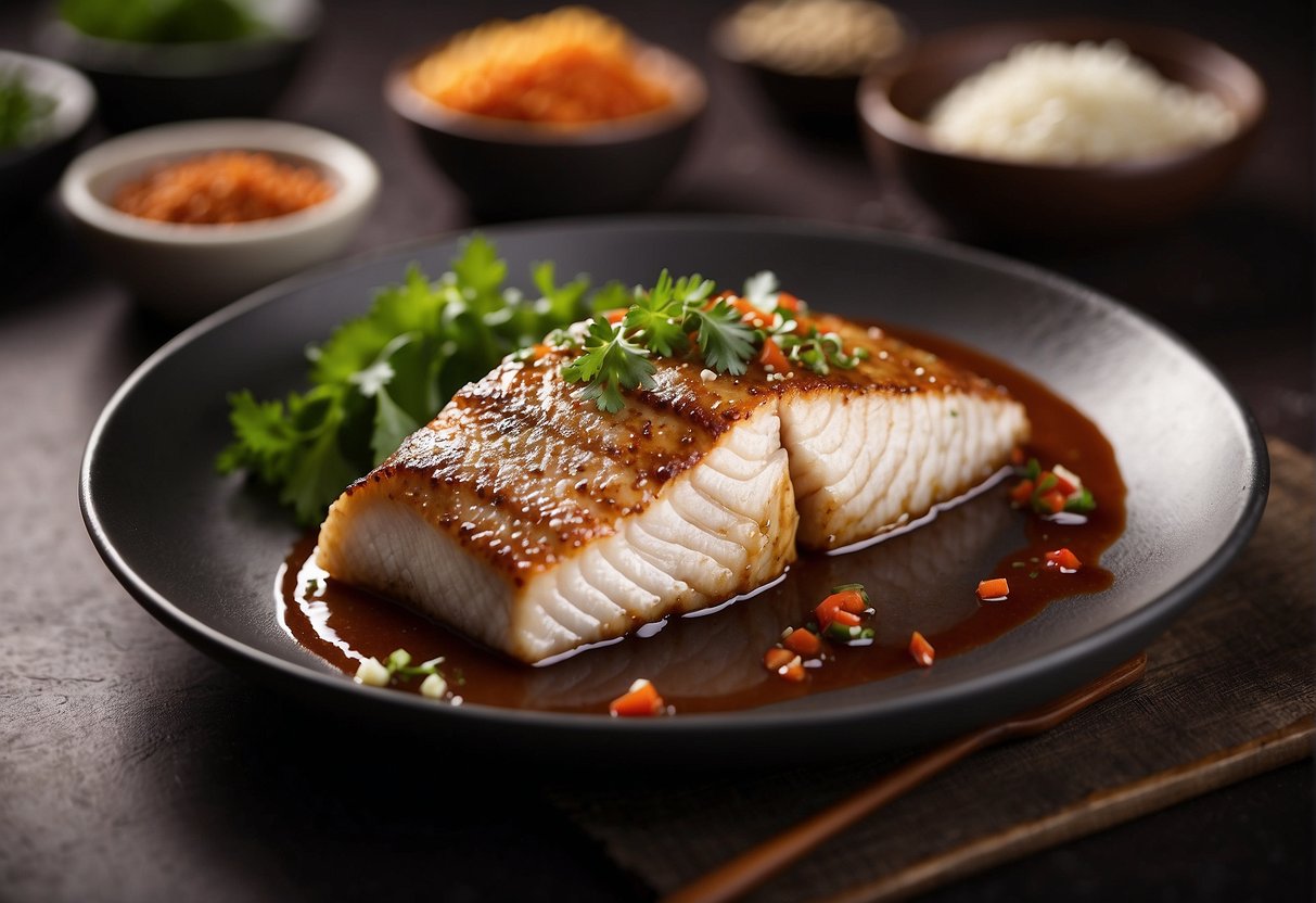 A barramundi fillet is being coated in a rich, flavorful Chinese sauce with a variety of seasonings, creating a mouthwatering dish