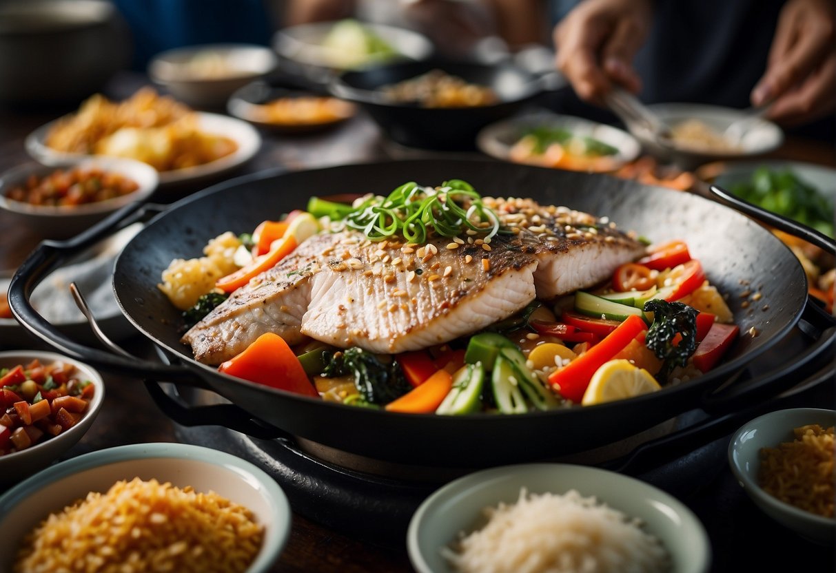 A sizzling wok filled with barramundi fillets and colorful Chinese ingredients, surrounded by eager onlookers with curious expressions