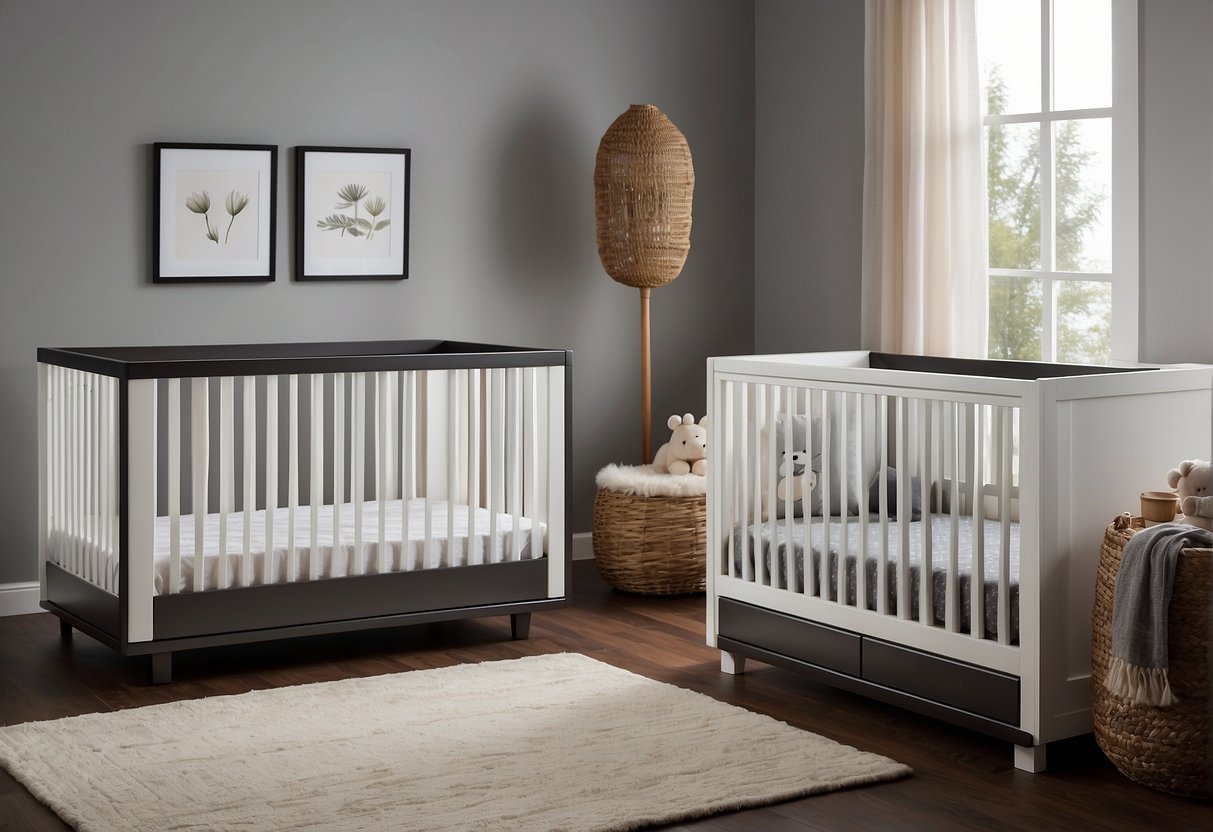 The Babyletto Modo and Hudson cribs are side by side, showcasing their sleek and modern designs. The Modo features clean lines and a two-tone finish, while the Hudson boasts a classic silhouette with subtle detailing
