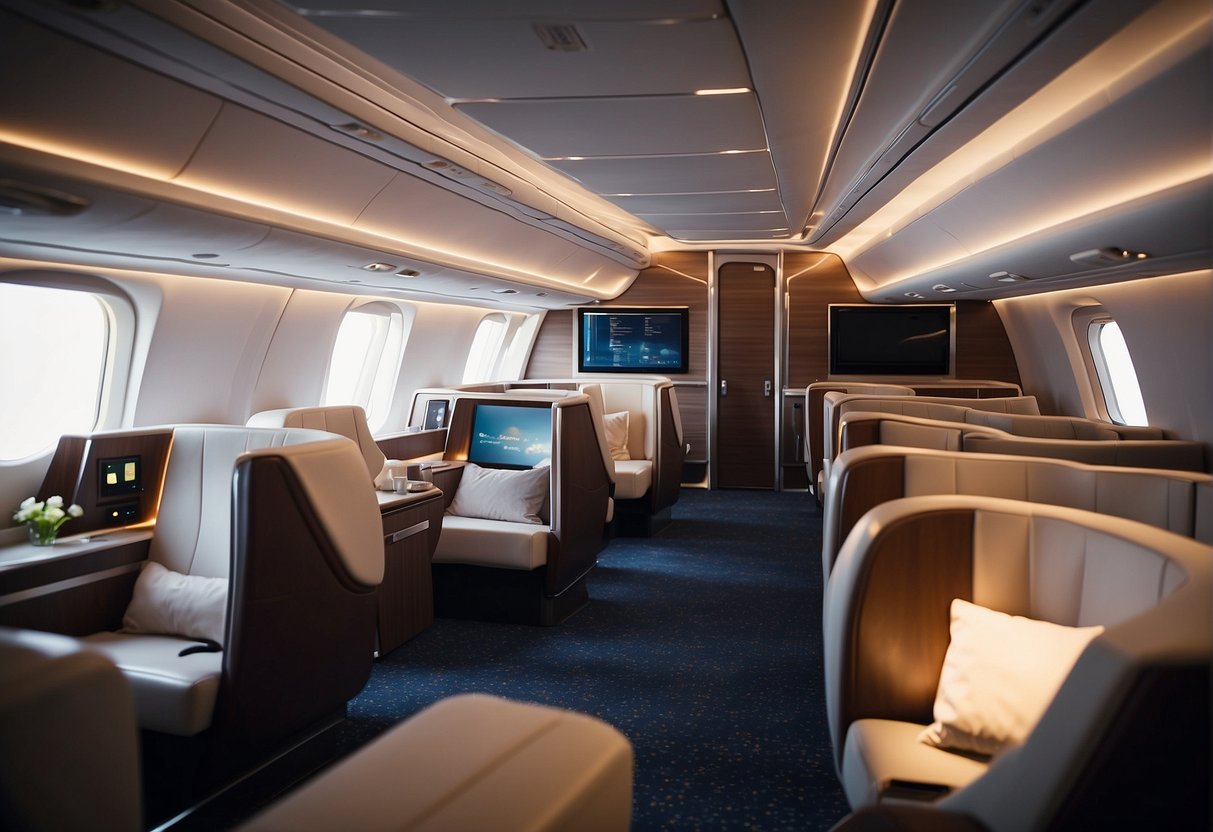 Passengers relax in spacious, comfortable seats, enjoying premium amenities and attentive service. The cabin exudes luxury with soft lighting and modern decor