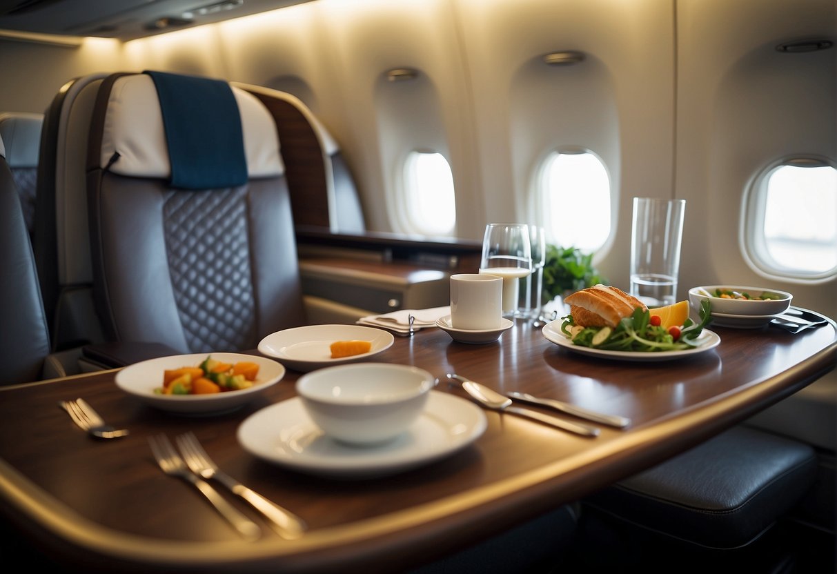 Business class amenities laid out: plush seats, gourmet meals, and attentive service. A serene cabin with soft lighting and sleek design