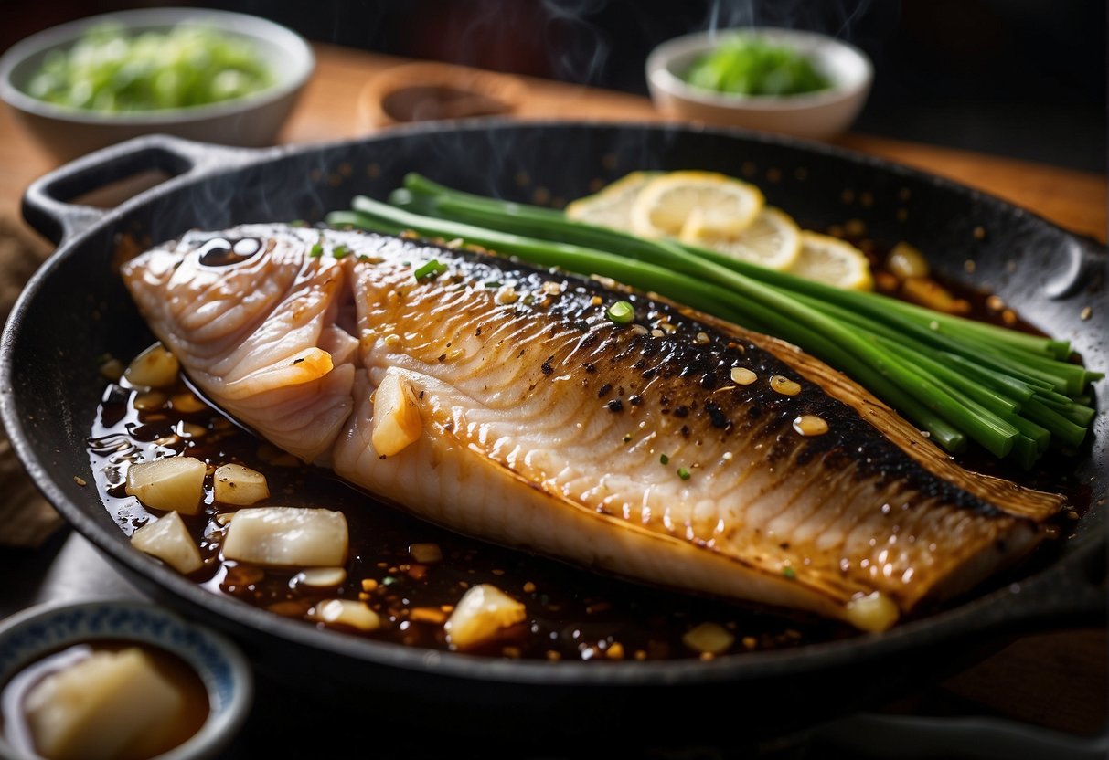 A whole basa fish being marinated in a mixture of soy sauce, ginger, garlic, and green onions before being pan-fried in a sizzling hot wok
