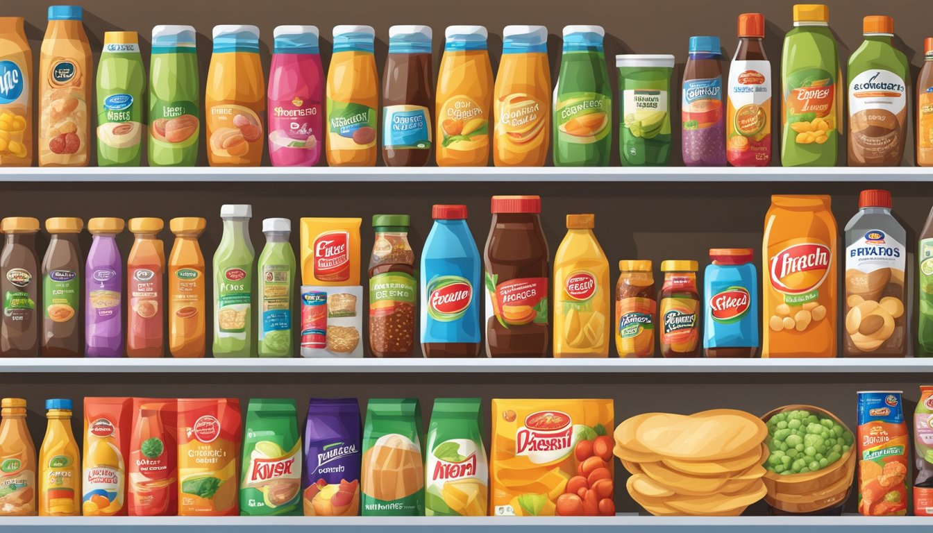 A colorful array of food brands arranged on shelves in a grocery store
