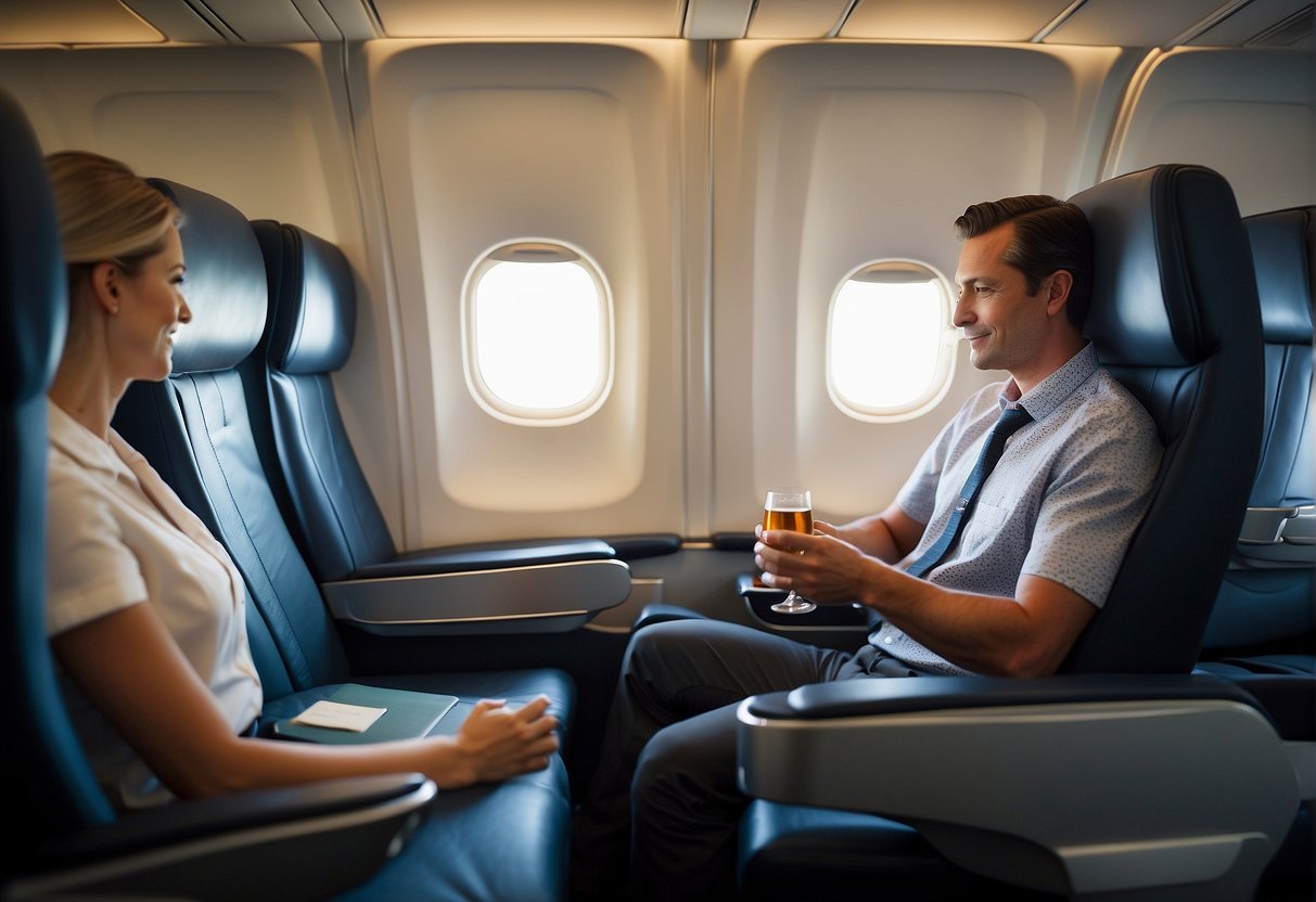 Passengers relax in spacious, reclining seats with ample legroom. Attentive flight attendants offer gourmet meals and drinks. Luxurious amenities and privacy create a comfortable atmosphere