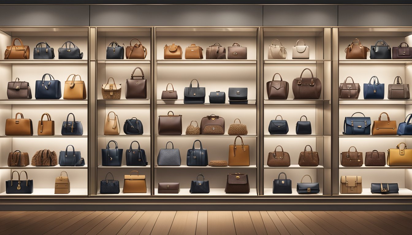 A display of French bag brands arranged on a sleek, modern shelf in a high-end boutique. Rich leather and intricate details showcase the craftsmanship