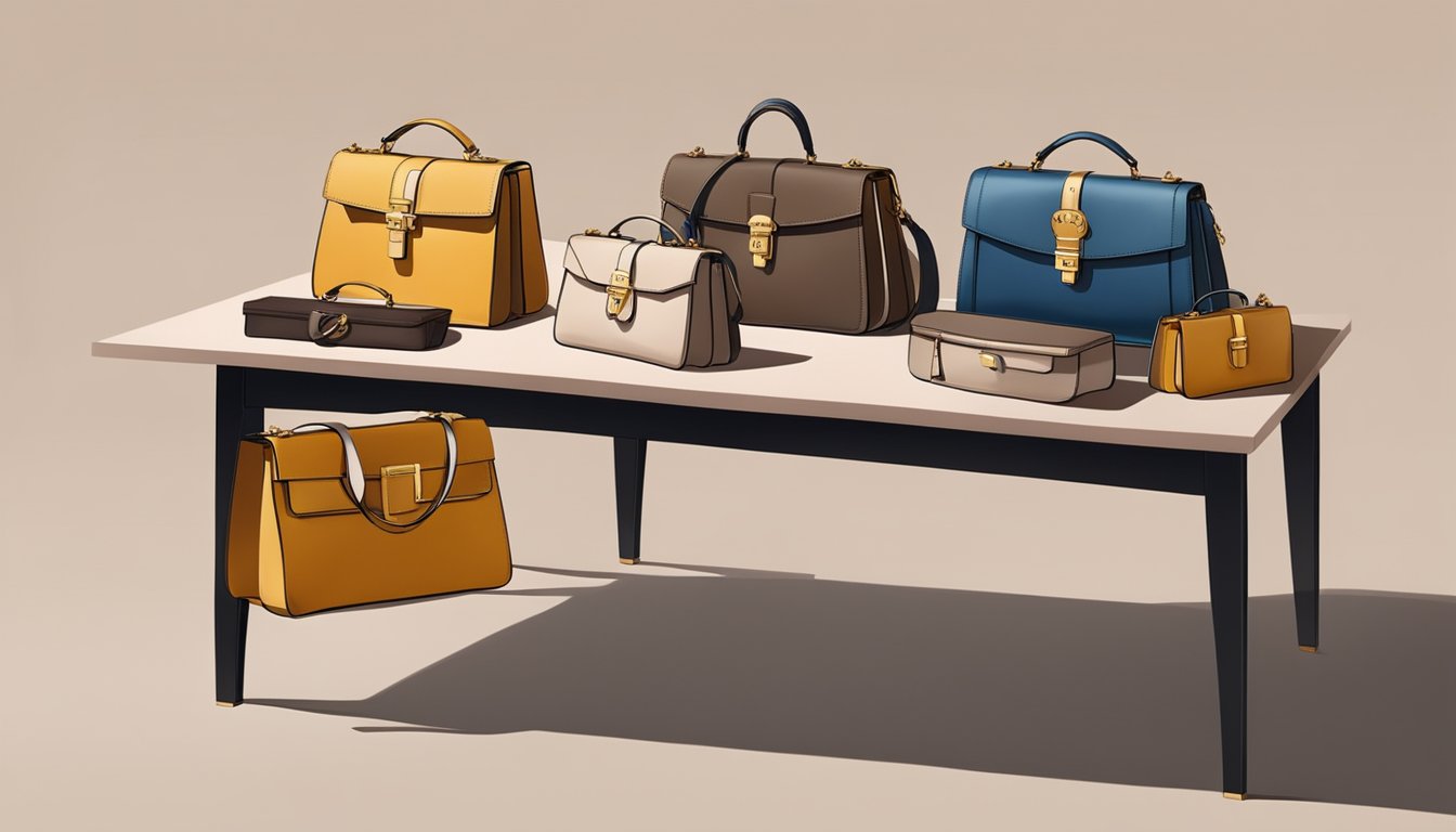 A table adorned with elegant French bag brands, showcasing their unique designs and high-quality materials. The bags are arranged in a visually appealing manner, with soft lighting highlighting their luxurious details