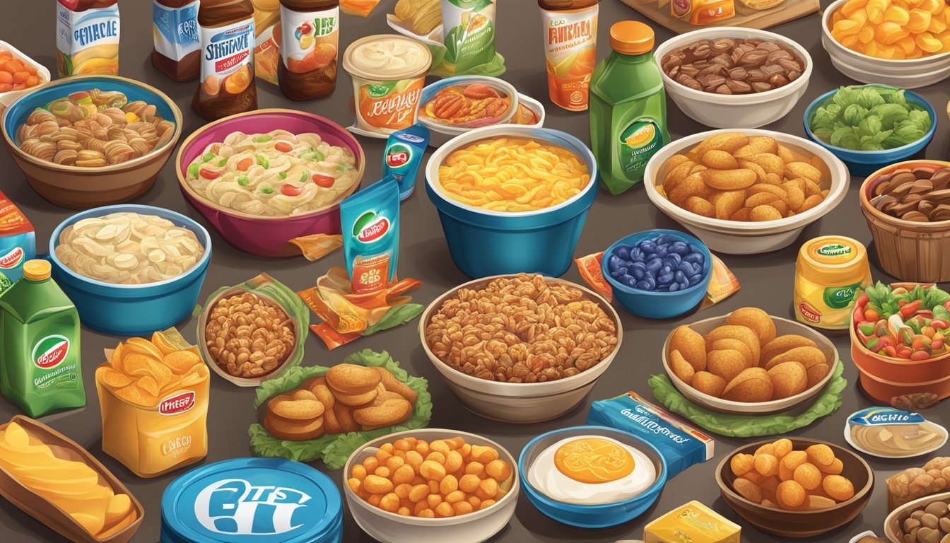 A table filled with various food brand products, with colorful packaging and logos displayed prominently