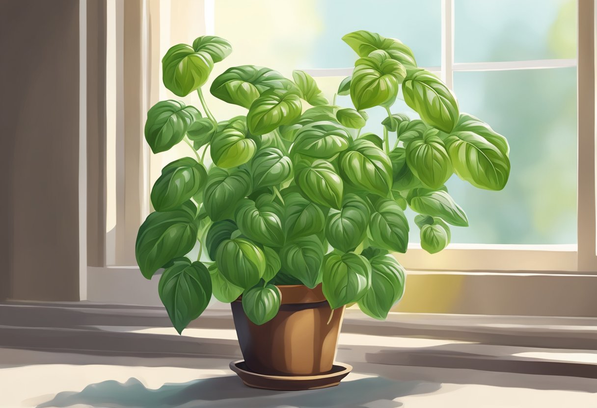 Basil plant with brown spots, potted in a sunny window sill with drooping leaves