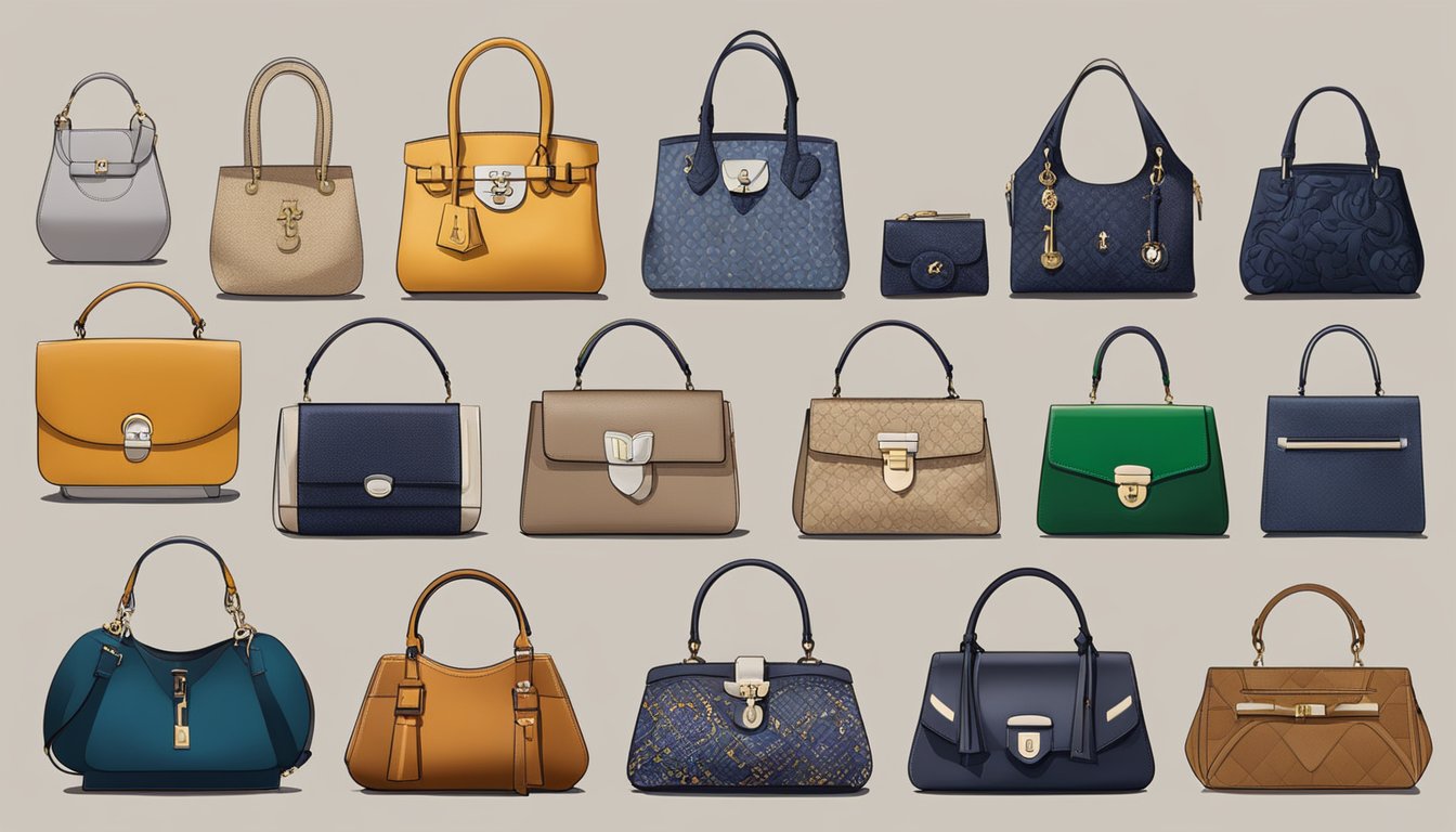 A display of iconic French handbag designs, showcasing the logos and signature styles of top French bag brands