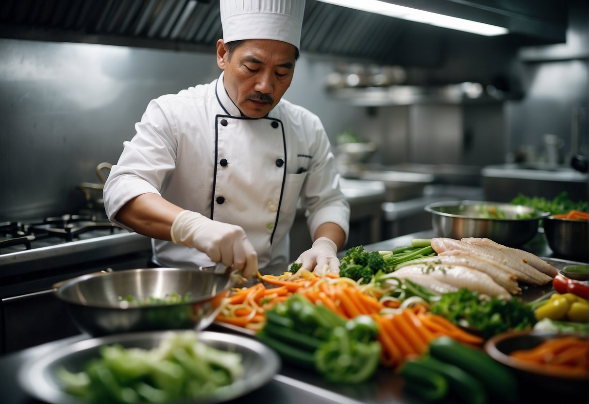 A chef prepares a traditional Chinese basa fish dish with colorful vegetables and aromatic spices in a bustling kitchen