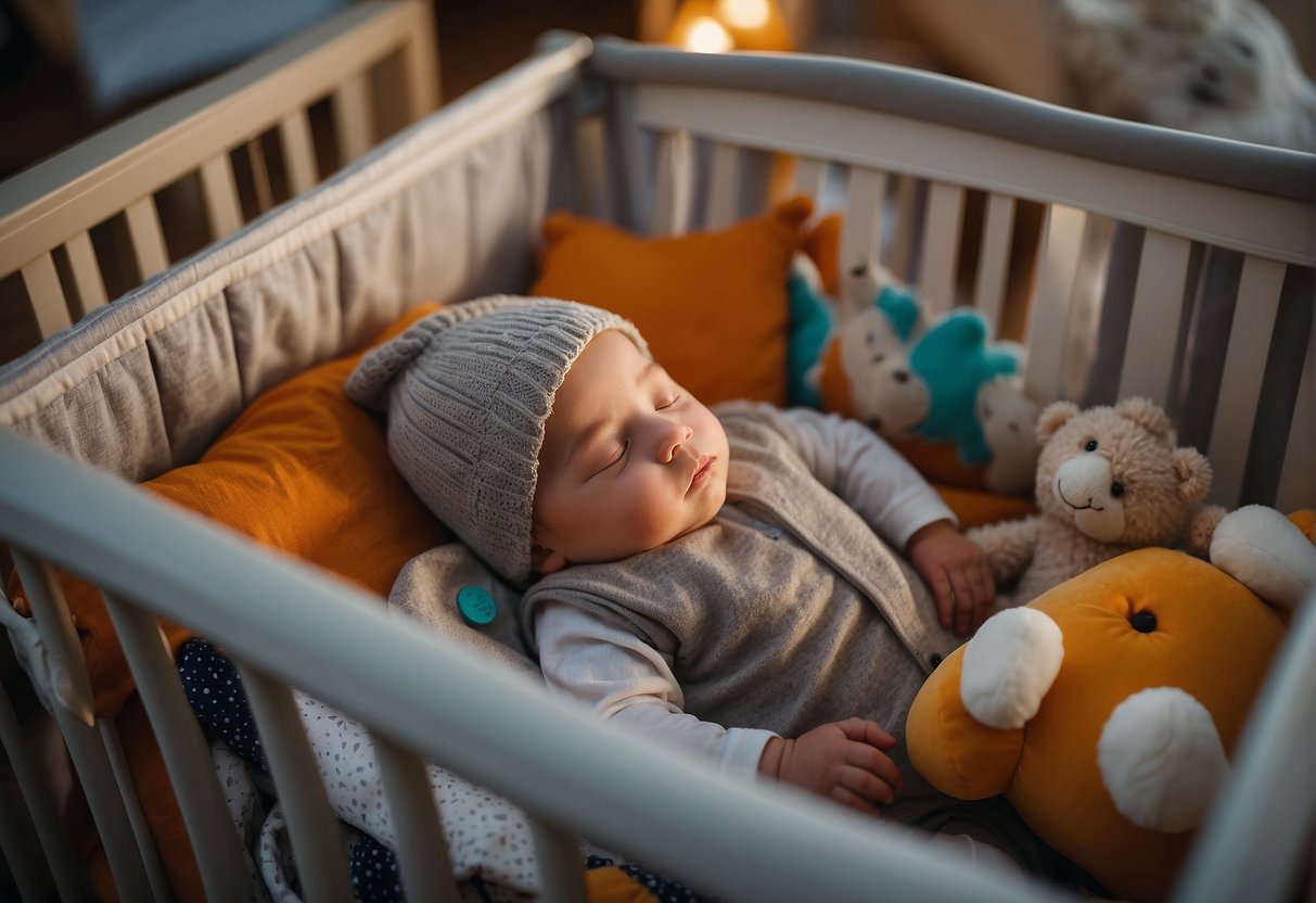 A baby sleeps peacefully in a travel crib while a toddler plays in a pack n play. Both are surrounded by toys and cozy bedding