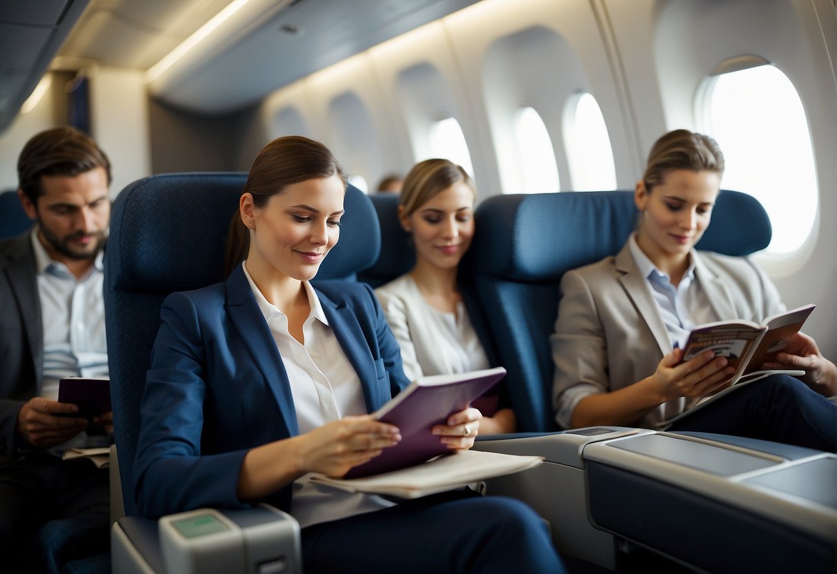 Passengers in business class reading and discussing travel reviews. Comfortable seating and attentive service visible