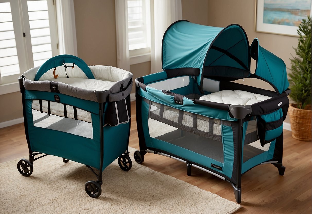 A travel crib and a pack n play sit side by side, showcasing their differences in size, weight, and features