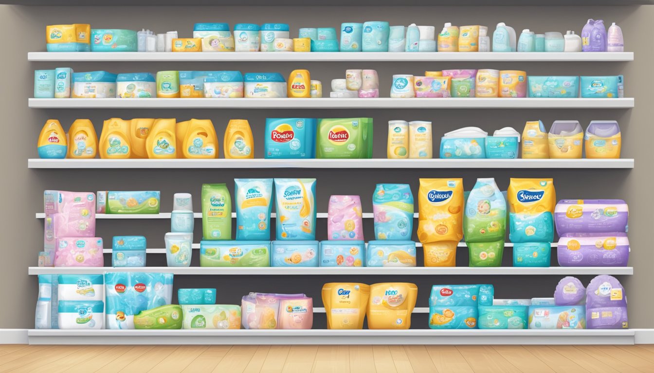 A variety of diaper brands displayed on shelves in a store