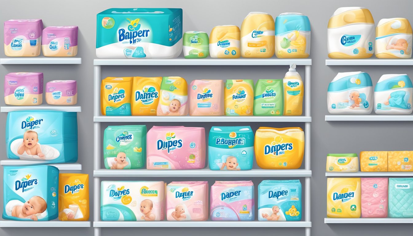 Various diaper brands displayed on shelves with different types and sizes. Colorful packaging and logos