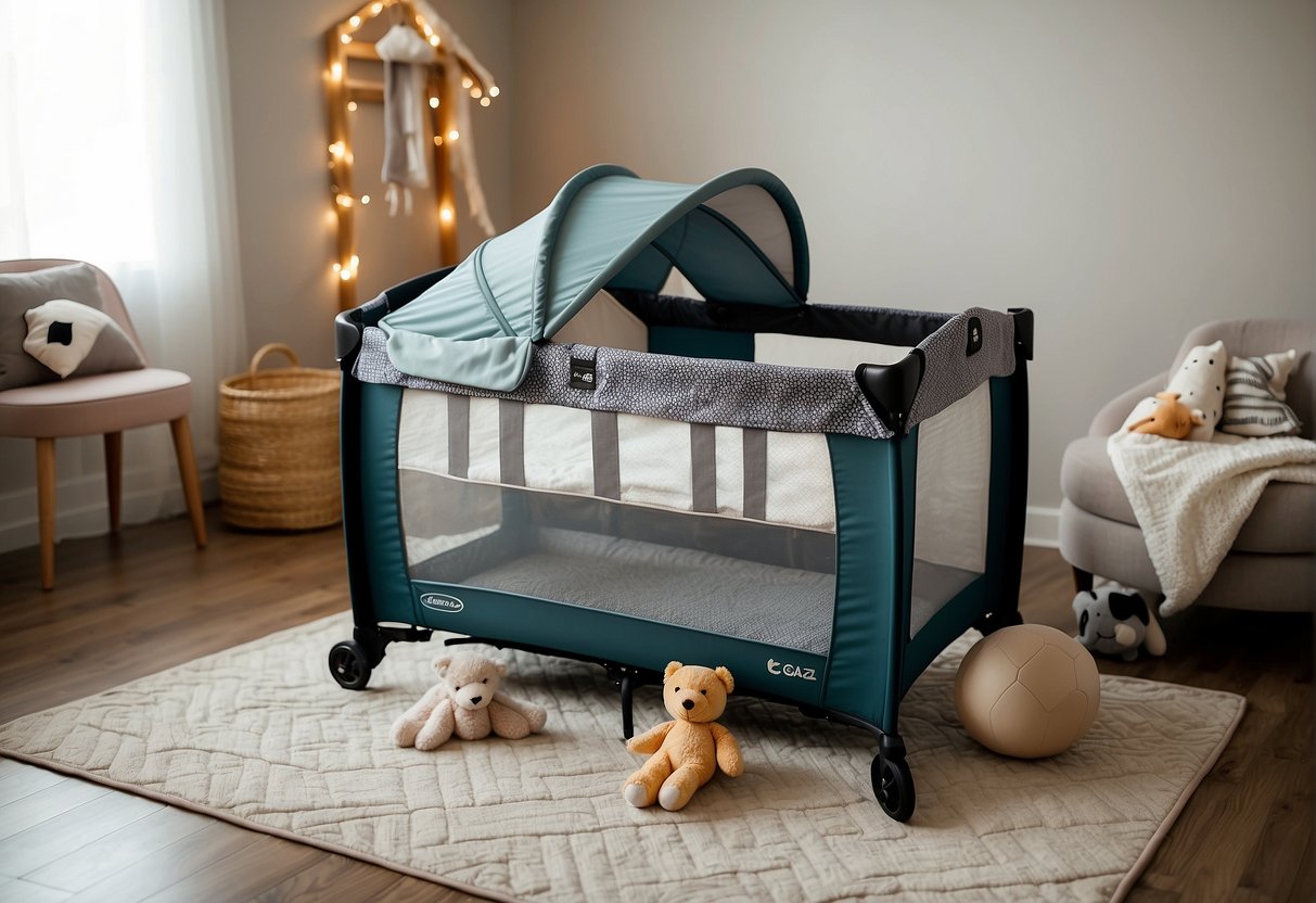 A cozy travel crib sits next to a spacious pack n play. Both are surrounded by baby toys and a soft blanket, creating a welcoming and safe environment for a little one to play and rest