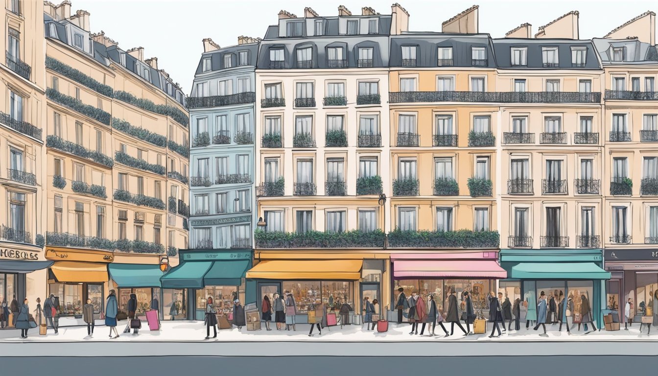 A bustling Parisian street lined with trendy boutiques showcasing iconic French bag brands, while fashionistas from around the world admire and shop for the latest designs