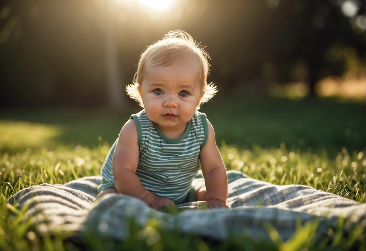 A baby sits on a blanket in a lush green field, frowning and pulling away from the grass beneath them. The sun shines brightly overhead, casting a warm glow on the scene