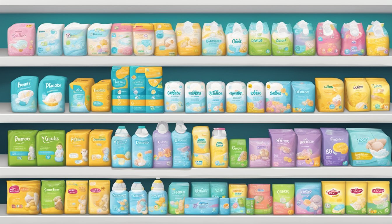 A display of various diaper brands lined up on shelves, with colorful packaging and clear labels, showcasing a wide selection for consumers to choose from