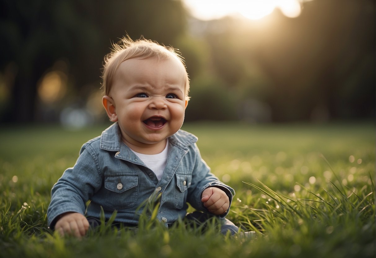 A baby grimaces while sitting on grass, clenching fists and wrinkling nose