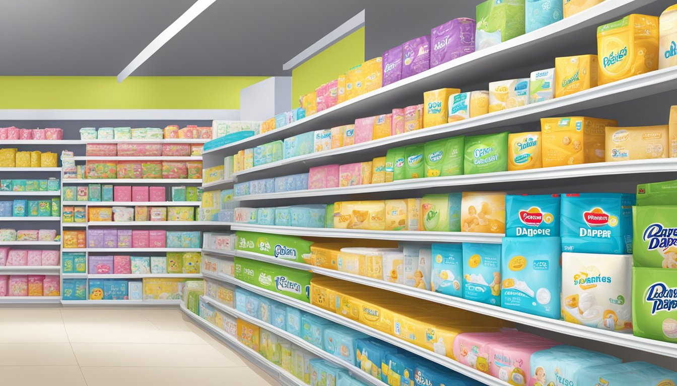 A colorful display of top diaper brands stacked on shelves in a well-lit store aisle