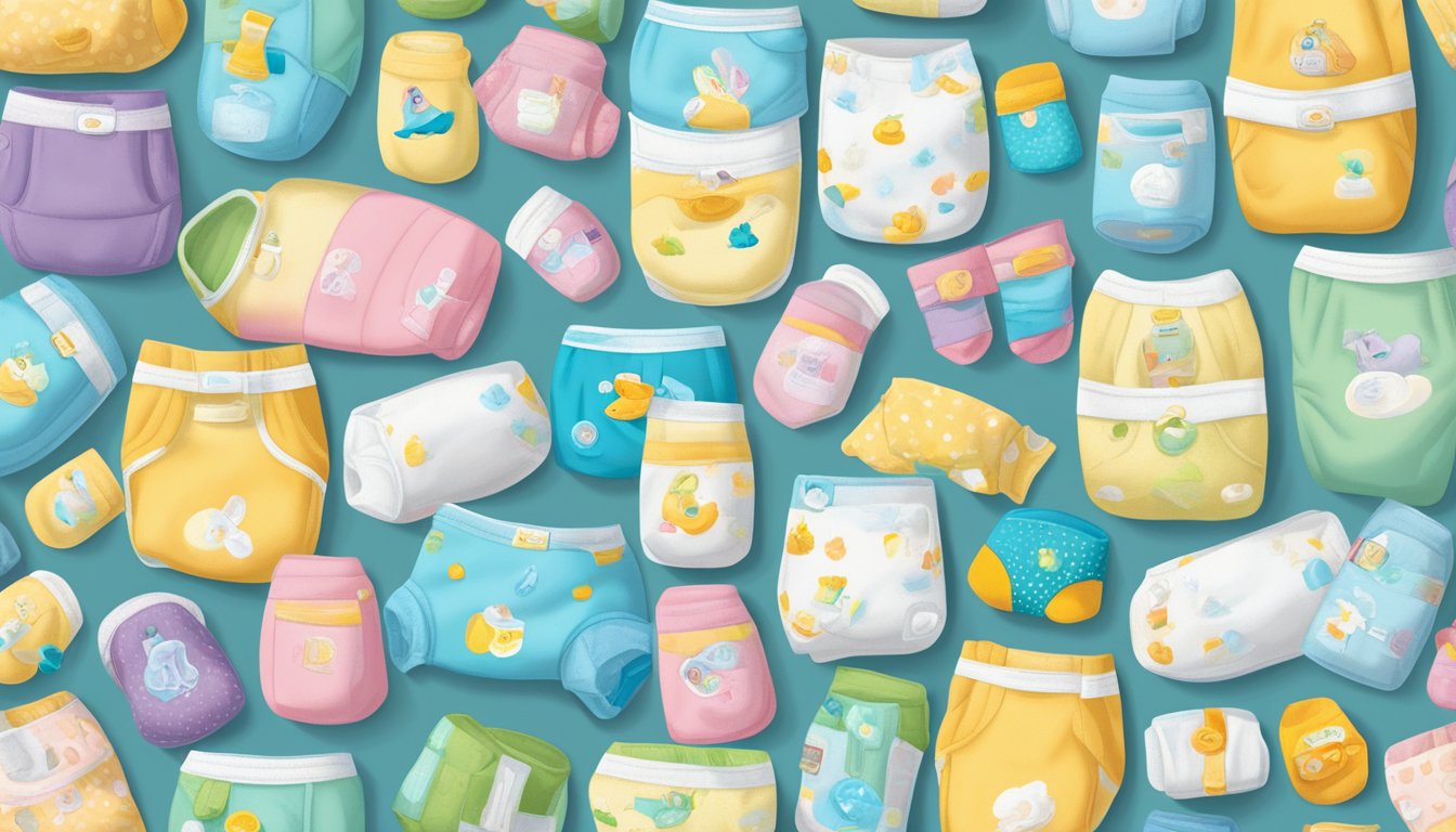 A baby's bottom is surrounded by various diaper brands, each showcasing their unique features and benefits in a colorful display