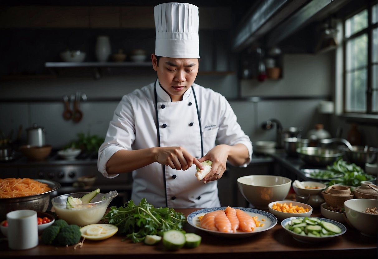 A chef prepares a traditional Chinese Basa fish dish, surrounded by various ingredients and cooking utensils