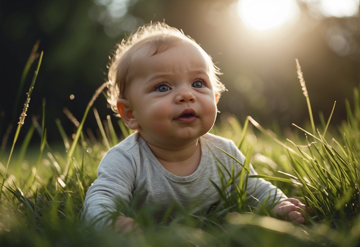 A baby's face scrunches up as they touch grass, pulling away with a frown