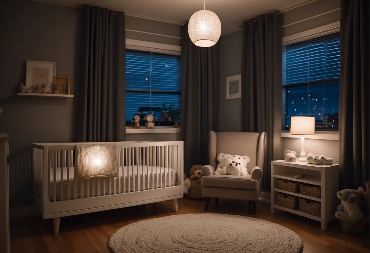 A cozy nursery with blackout curtains, a dim nightlight, and a sound machine. The room is quiet and peaceful, creating the perfect environment for a baby to sleep soundly
