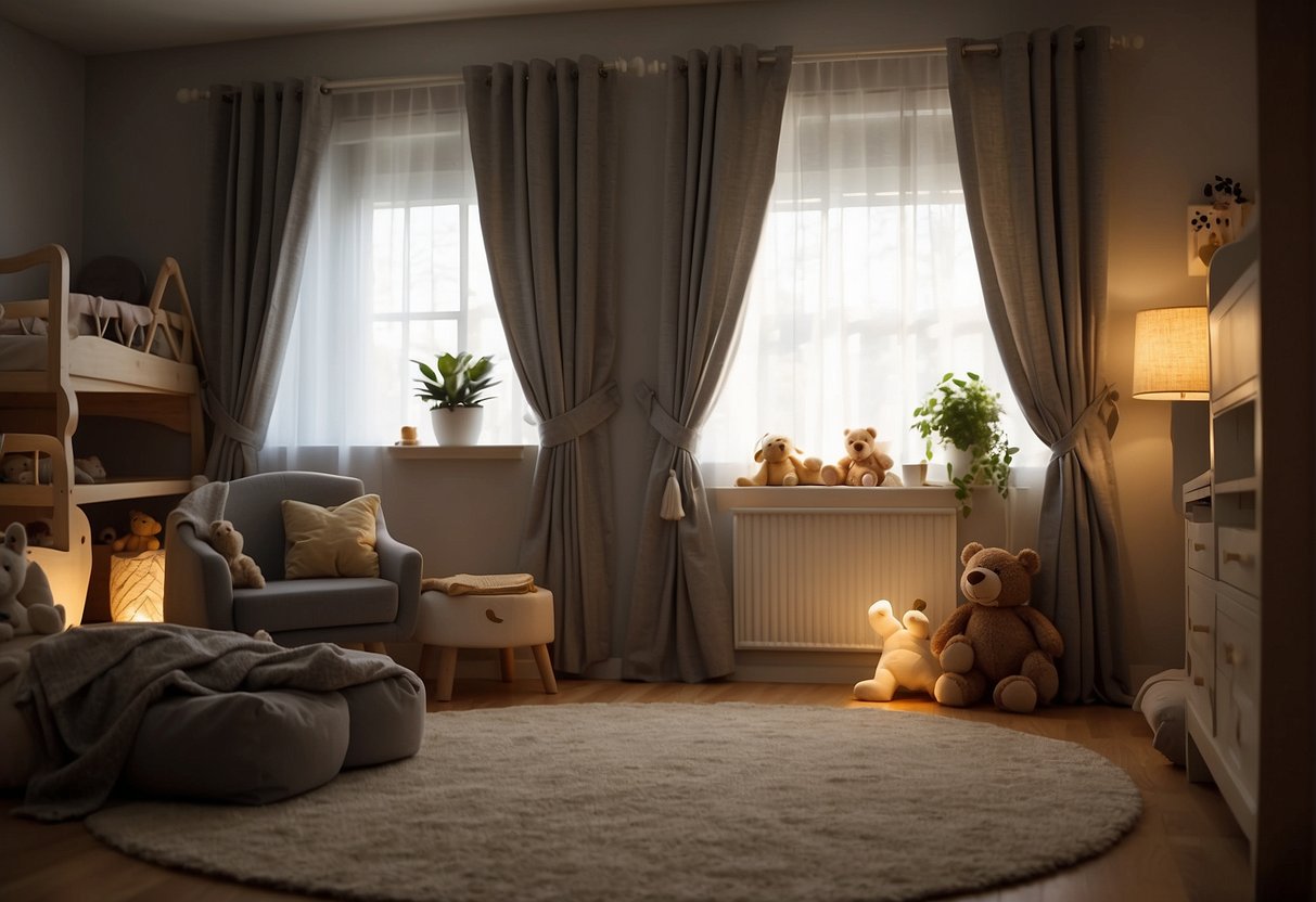A baby's room with curtains drawn, light peeking through gaps. A parent installs blackout shades to block out all light