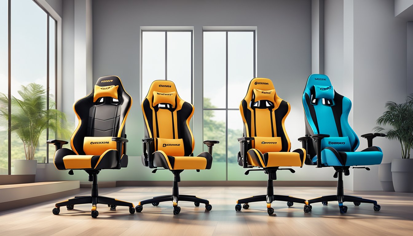 A row of gaming chairs, each with a unique brand logo, lined up in a brightly lit showroom