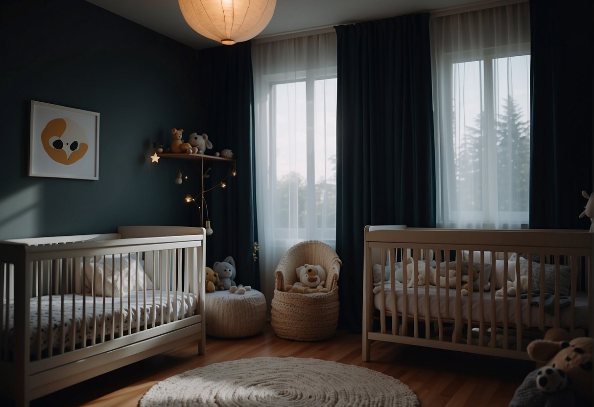 A darkened nursery with blackout curtains pulled closed, soft ambient lighting, and a sleeping baby in a crib