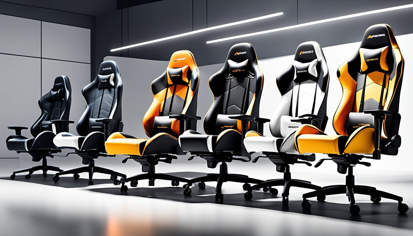 A row of top gaming chair brands displayed in a well-lit showroom. Each chair features sleek designs and ergonomic support