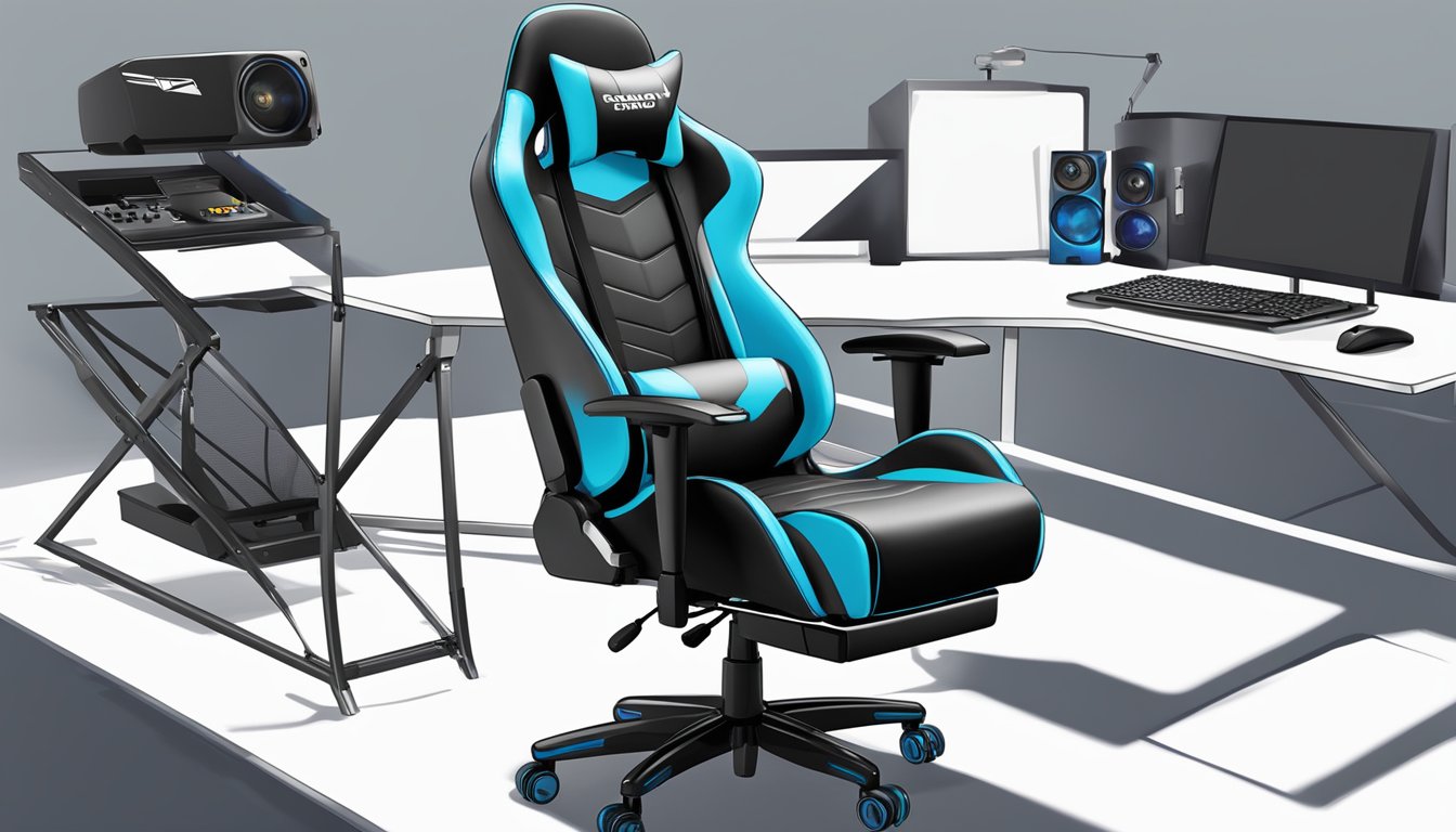 A gaming chair with adjustable lumbar support, padded armrests, and a reclining feature. The chair is placed in a gaming setup with a desk, computer, and gaming accessories