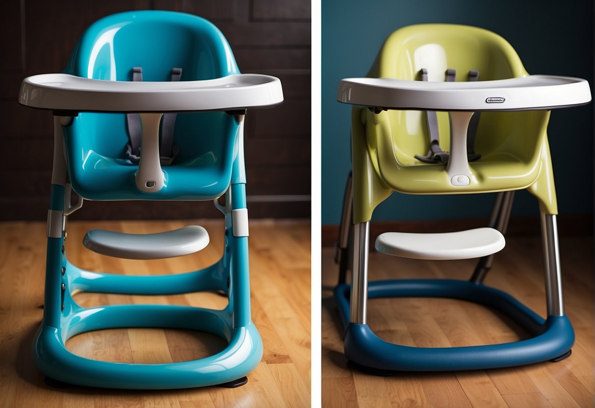 A high chair and a Bumbo seat sit side by side, each with a different design and purpose. The high chair is tall and sturdy, while the Bumbo seat is low to the ground with a soft, rounded shape