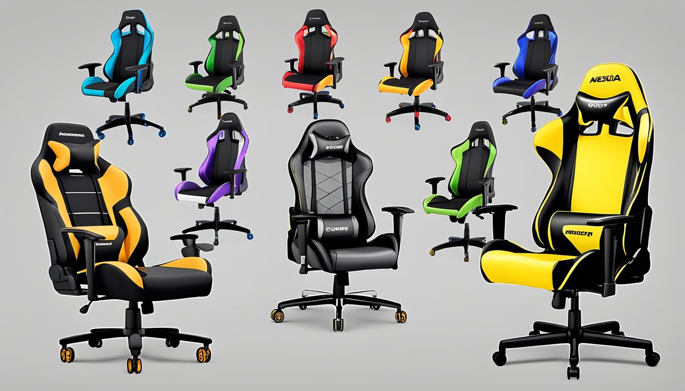 A display of various gaming chairs, each labeled with different price points, showcasing the options available for different budgets