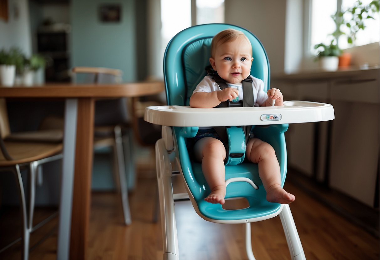 A high chair stands tall with a tray and safety harness, while a Bumbo seat is low with a wide base and a snug, contoured seat