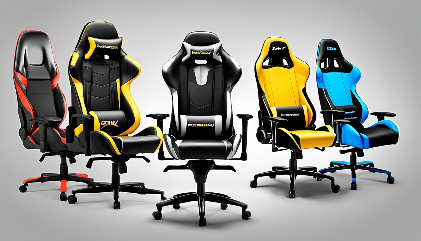 A sleek gaming chair surrounded by various materials like leather, mesh, and foam, with logos of different gaming chair brands displayed prominently