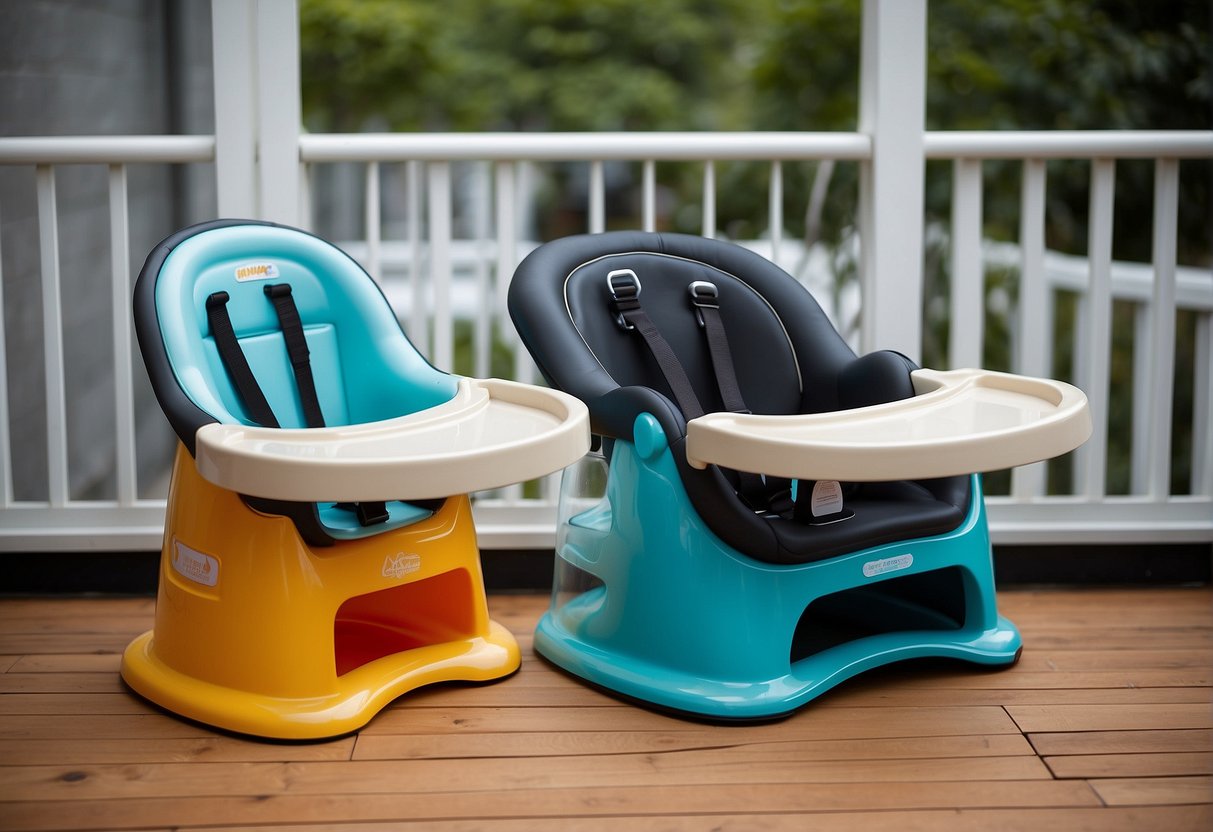 A high chair and a Bumbo seat side by side, with safety straps and harnesses clearly visible on both. The high chair is taller and sturdier, while the Bumbo seat is lower to the ground with a softer base