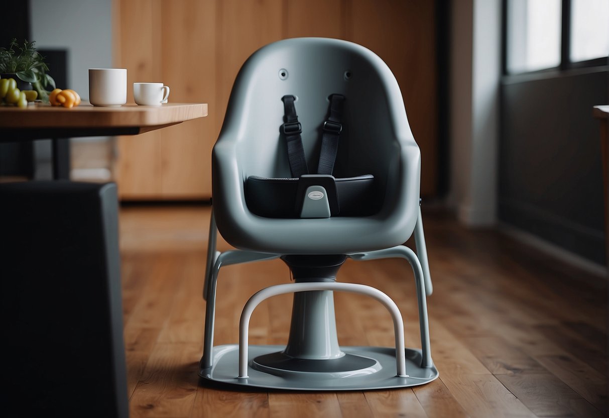 A modern high chair stands tall next to a compact Bumbo seat, showcasing the contrast between design and comfort