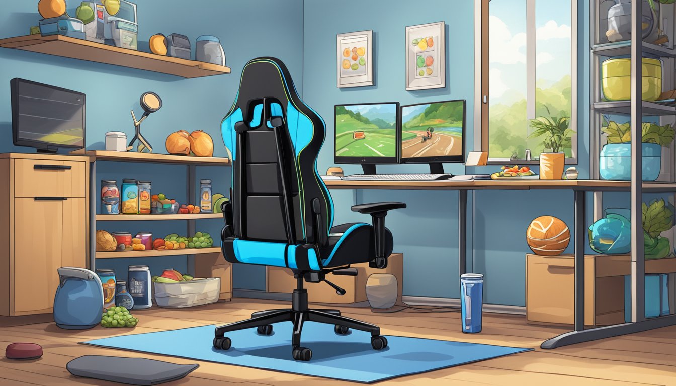 A sleek gaming chair surrounded by fitness equipment and healthy snacks, emphasizing the importance of health and wellness in gaming