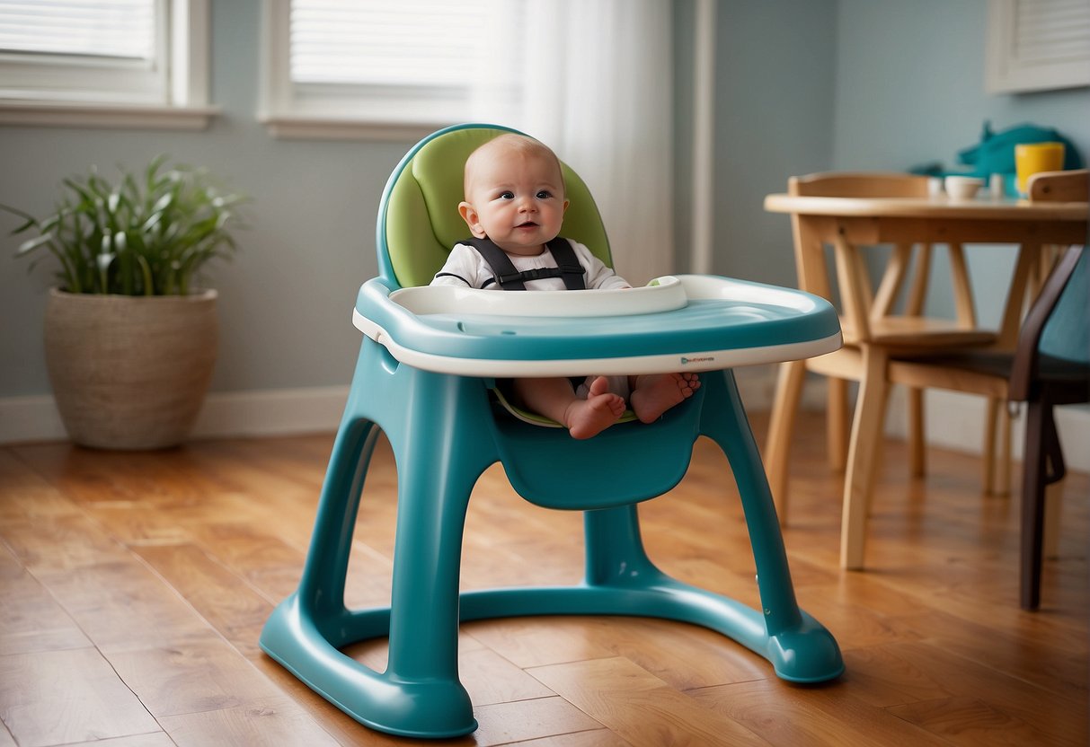 A versatile high chair stands tall next to a Bumbo seat, showcasing their longevity and functionality