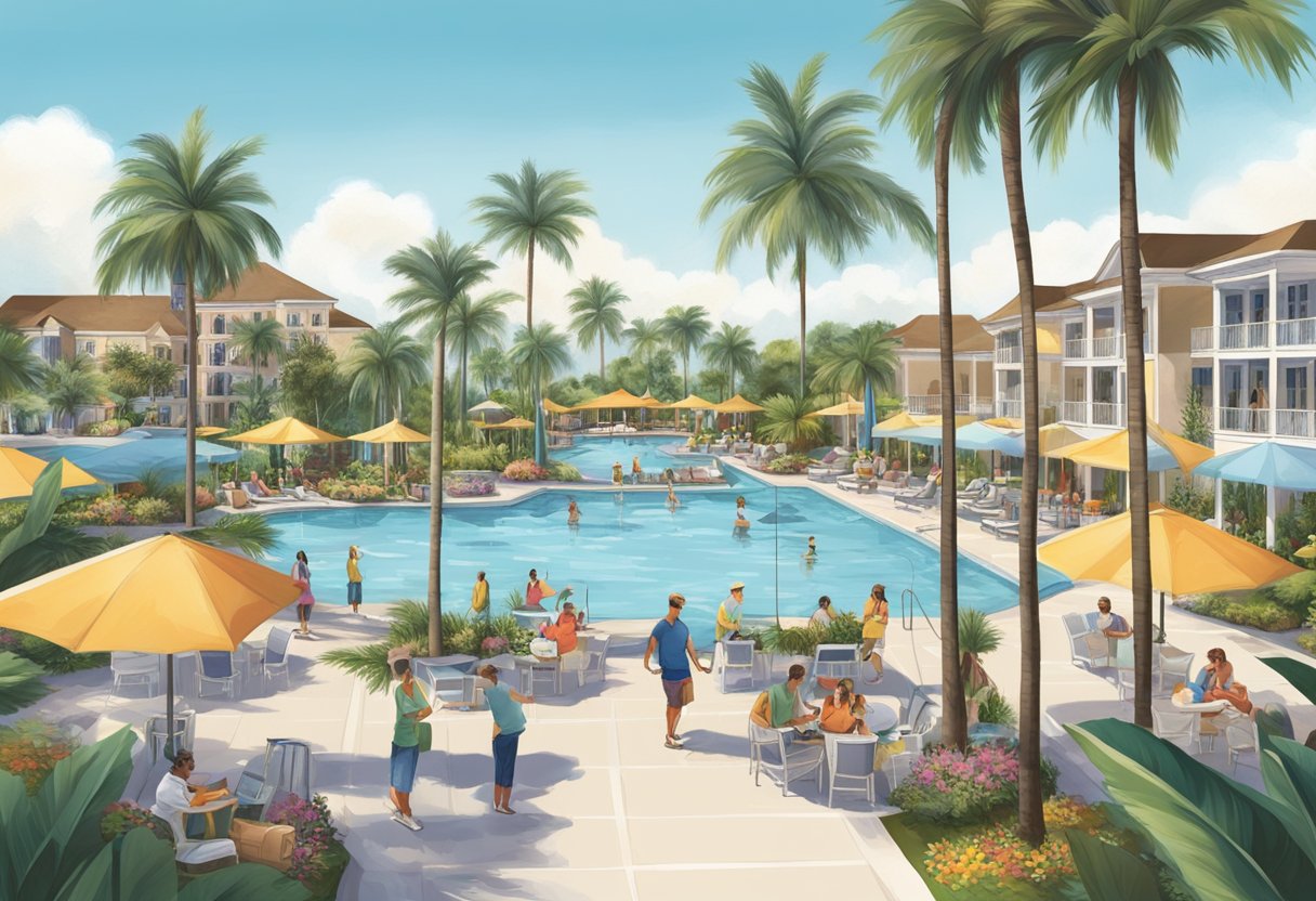 Guests enjoying poolside activities at a luxurious all-inclusive resort near Orlando, with palm trees, cabanas, and a clear blue sky in the background