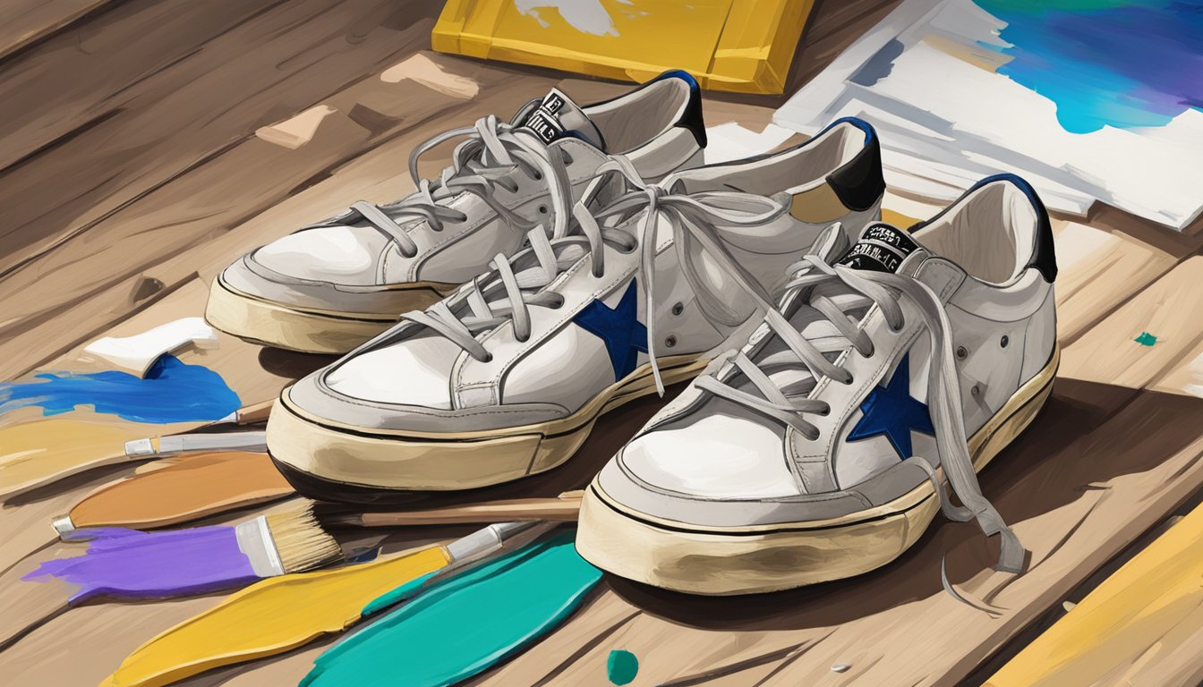 A pair of Golden Goose Deluxe Brand iconic sneakers sits on a weathered wooden floor, surrounded by scattered paint brushes and tubes of colorful paint