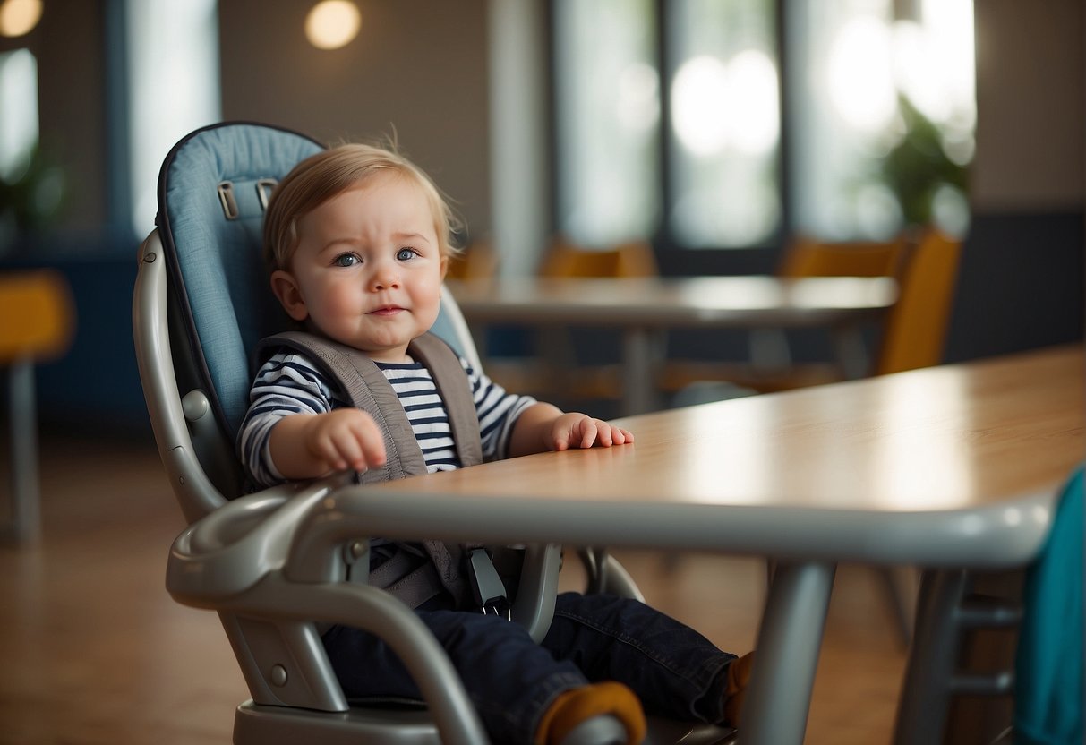 A child sits securely in a hook-on high chair, with sturdy metal hooks attached to the table, and a comfortable, supportive seat