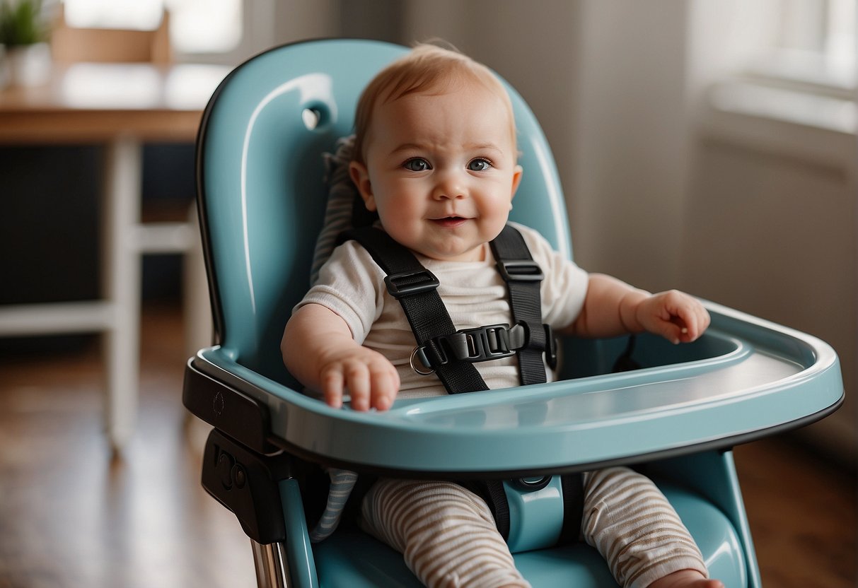 A hook-on high chair securely fastened to a table, with a baby's feeding tray attached and safety straps in place