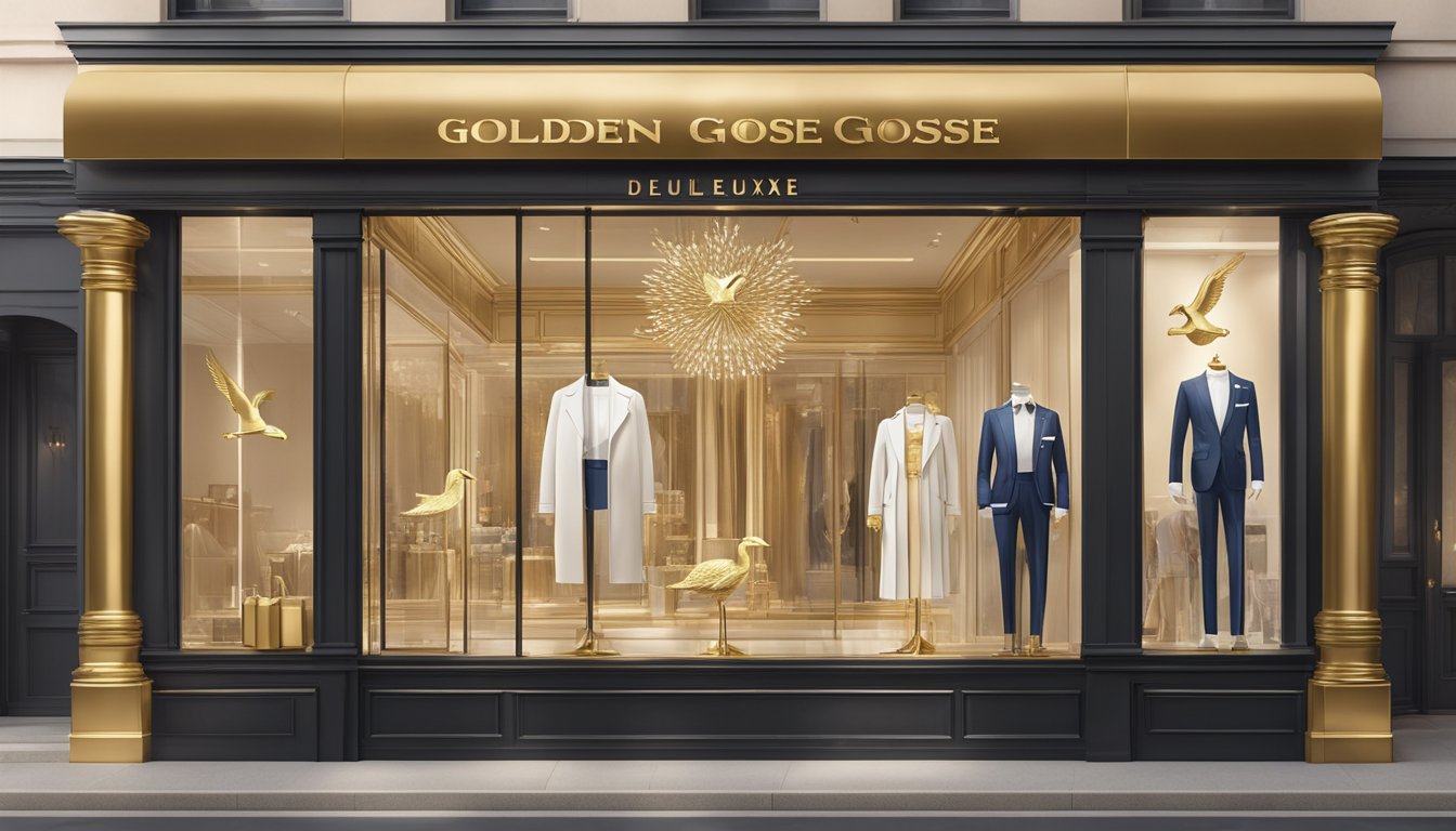 A luxurious golden goose deluxe brand logo adorns a chic fashion and lifestyle storefront