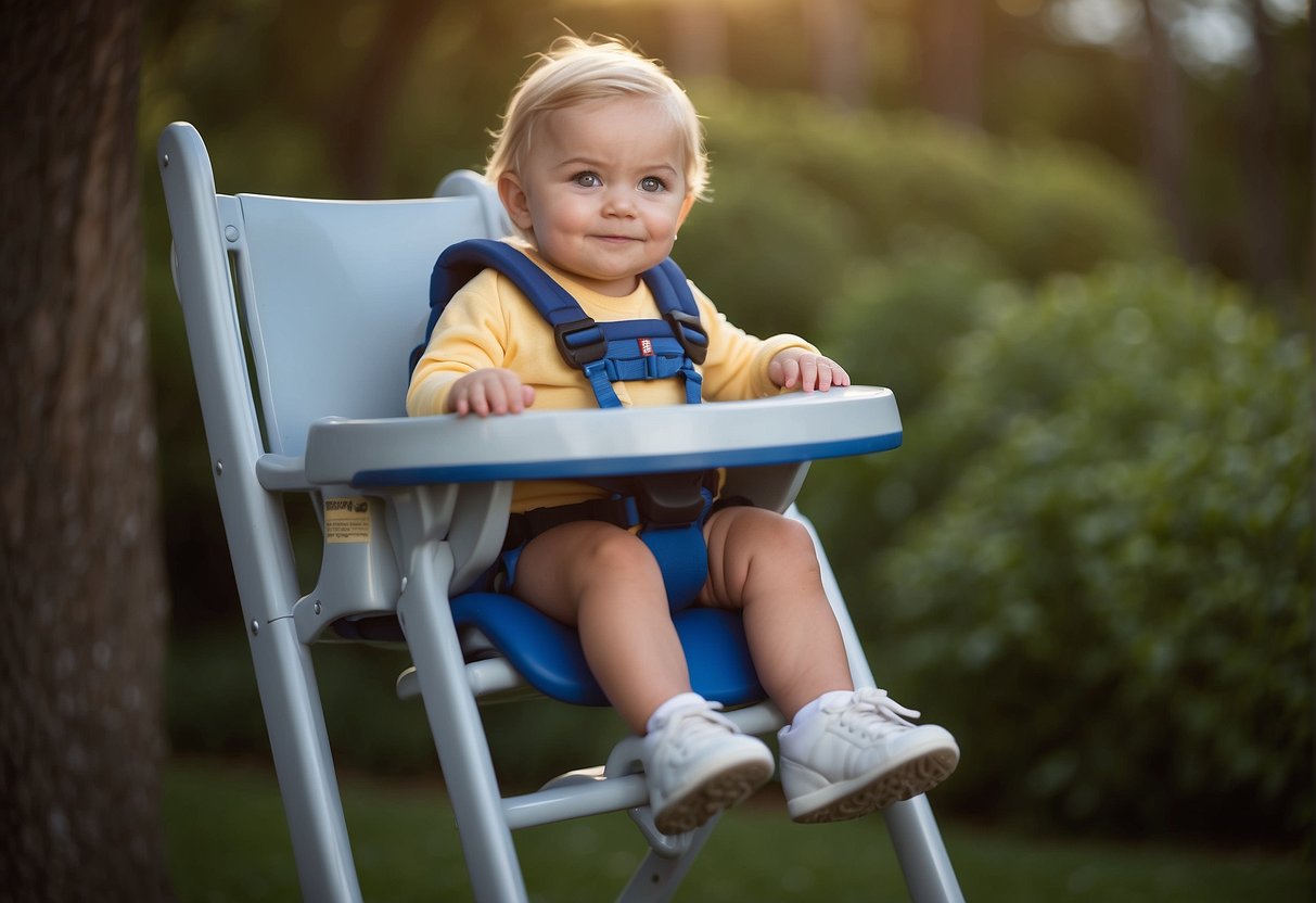 A high chair is securely attached to a sturdy surface. A child is safely seated in the chair, with the safety harness properly fastened